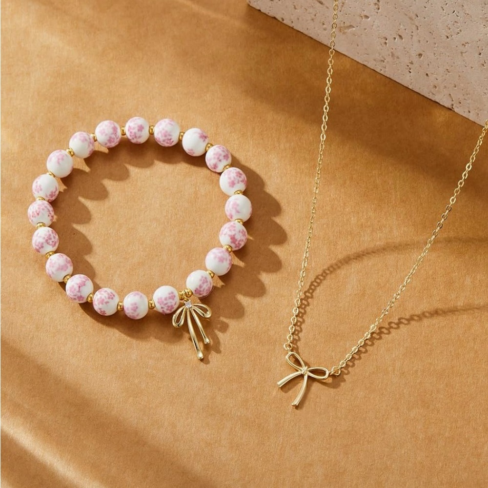 Elegant Gold and Pink Bow Jewelry Set